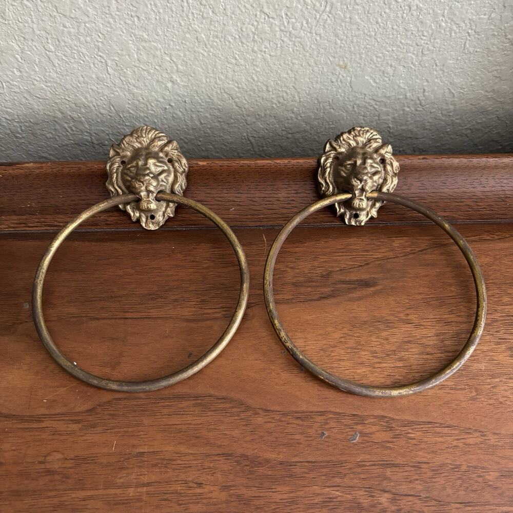 Vintage 2 Brass Lions Head Towel Ring Wall Mount 5” Diameter All West Japan
